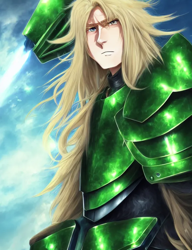 Image similar to an excellent anime portrait of a long haired blonde man with blue eyes in green plate armour glowing with green energy, trending on artstation, digital art, 4 k resolution, detailed, high quality, sharp focus, hq artwork, coherent, insane detail