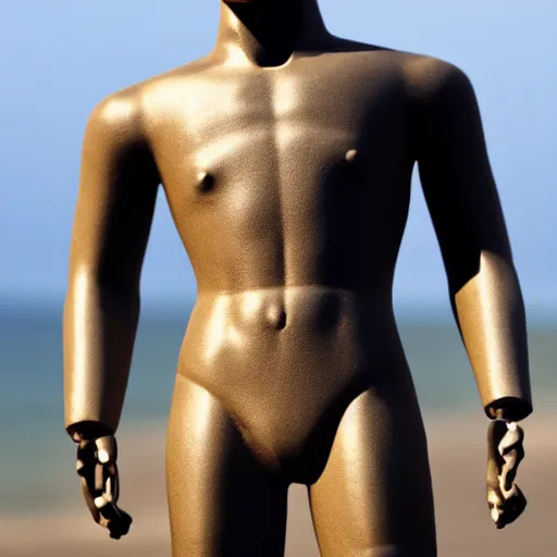 Image similar to a realistic detailed photo of a guy who is an attractive humanoid who is half robot and half humanoid, who is a male android, football player christian mccaffrey, shiny skin, posing like a statue, blank stare, by the beach, on display