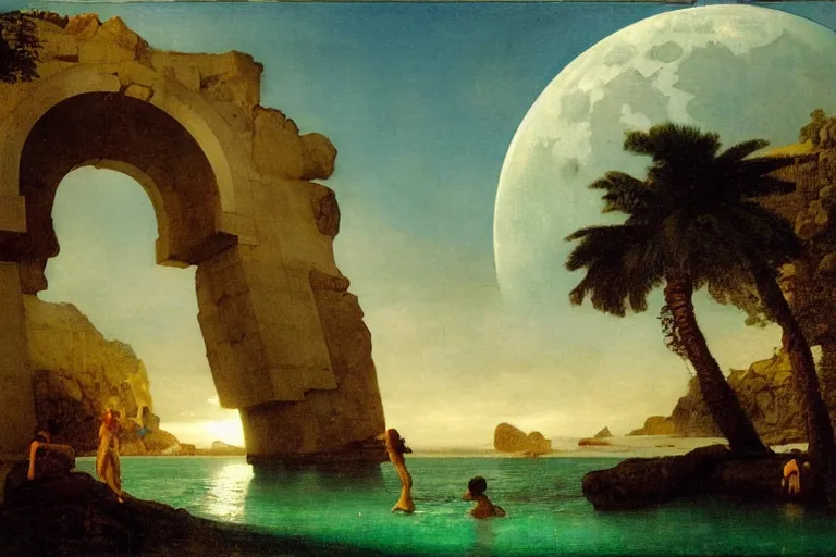 Image similar to The giant greek arch, refracted moon on the ocean, thunderstorm, greek pool, beach and Tropical vegetation on the background major arcana sky and occult symbols, by paul delaroche, hyperrealistic 4k uhd, award-winning, very detailed paradise