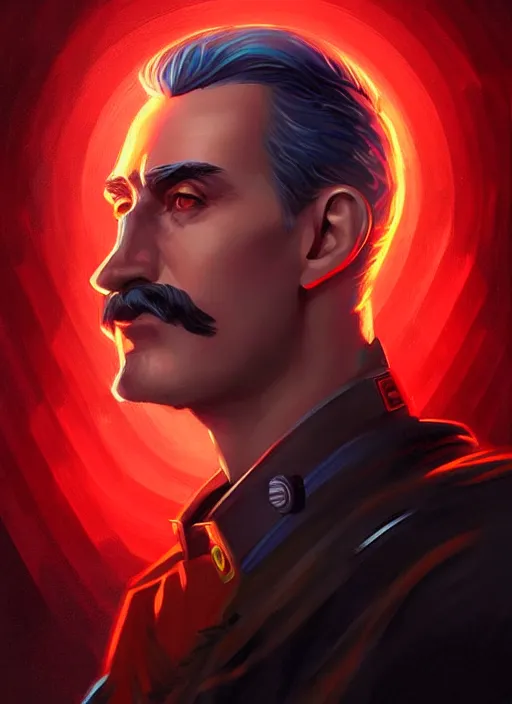 Prompt: « a portrait o cyberpunk joseph stalin, glowing eyes, a digital painting by charlie bowater, featured on cgsociety, fantasy art, behance hd, wiccan, artstation hd »