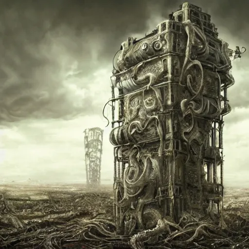 Image similar to giant evil bio-organic fleshy complex machine tower with tendrils and one eyeball at the top looking over a stormy post-apocalyptic wasteland, dystopian art