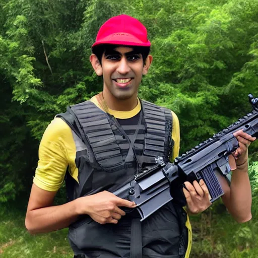 Image similar to Medium shot photograph of Rishi Sunak holding an ar-15, 8k, ultrahd