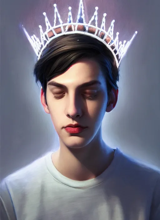 Image similar to portrait of teenage jughead jones wearing a light grey crown, photorealistic, crown, eyes closed, crown, black hair, intricate, elegant, glowing lights, highly detailed, digital painting, artstation, concept art, smooth, sharp focus, illustration, art by wlop, mars ravelo and greg rutkowski