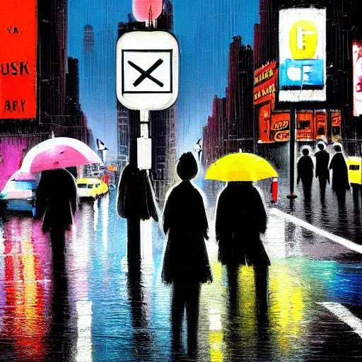 Image similar to a busy crosswalk on a rainy street in new york with lots of people walking around at night with advertisement neon lights on the buildings around it, painting by banksy, banksy art, high detail, smooth, beautiful, aesthetic,