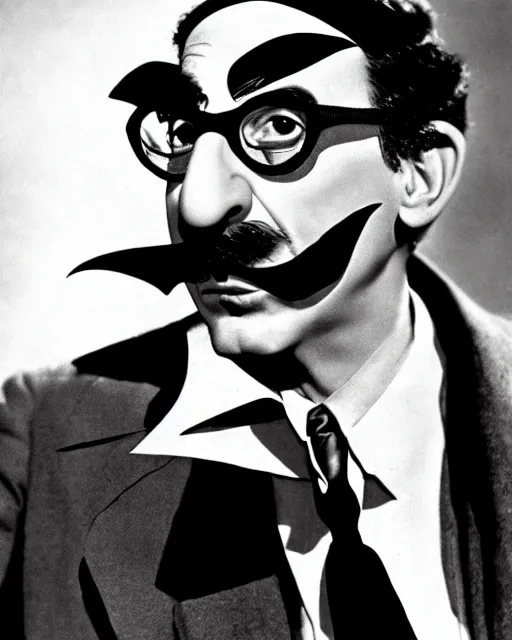 Prompt: Groucho Marx wearing a batman costume, high quality, high detail, 4k