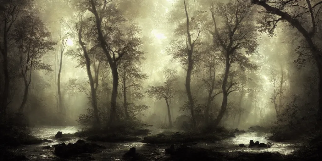 Prompt: [ a dark scene of a dense forest at dawn with a gentle stream through it, sunlight through trees, volumetric light and mist, fog, a dead fallen tree lays in the water, a sense of mystery ], andreas achenbach, artgerm, mikko lagerstedt, zack snyder, tokujin yoshioka