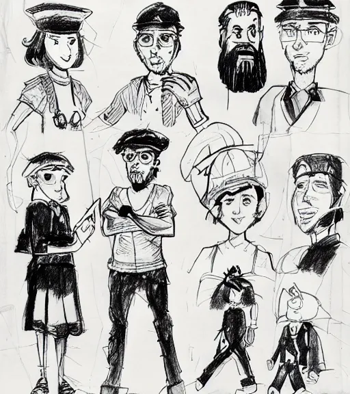 Prompt: full page scan of many character design sketches. young man, young mother, man with beard. Everyone has pale grey eyes. sailor caps, German, tapa, simple clothing. in the style of Jillian Tamaki and Richard Corben. costume designs, pleasant faces, nature colors