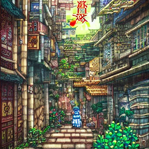 Prompt: streets in hong kong, legend of mana art style