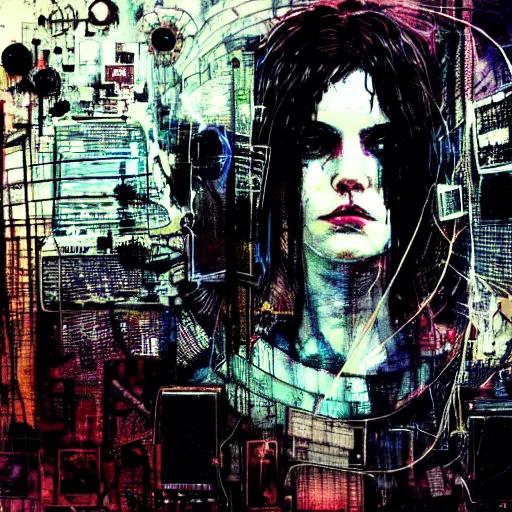 Image similar to a young punk woman lost in a cyberpunk noir glitchcore world of wires, and machines, by jeremy mann, francis bacon and agnes cecile, and dave mckean ink drips, paint smears, digital glitches glitchart