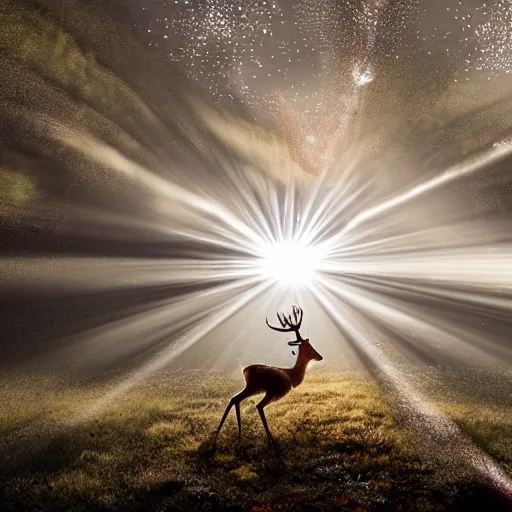 Image similar to A still of a deer exploding in slow motion, sparkles and sun rays, hyperrealistic, photo realistic, realistic, beautiful white lighting, in the middle of the day, hyperdetailed, very detailed