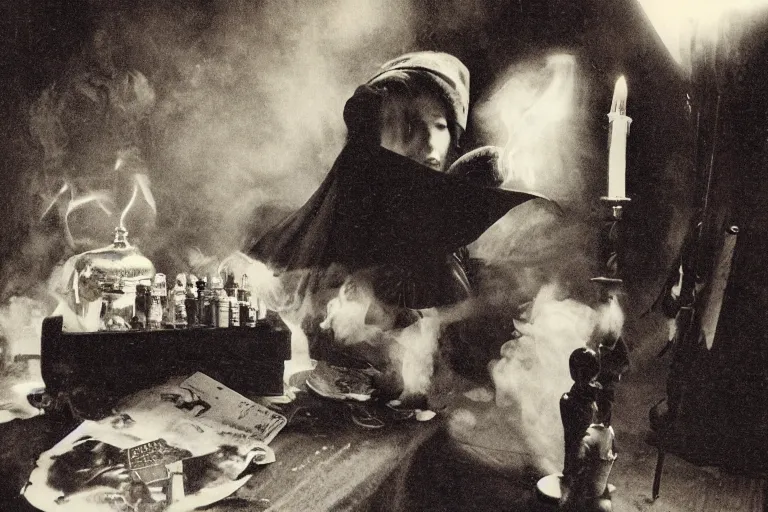 Prompt: polaroid 1 9 8 0's photo, close up portrait, dramatic lighting, concentration, calm confident teen witch and her cat with tarot card on the table in front of her, incense smoke fills the air, a witch hat and cape, apothecary shelves in the background, still from harry potter