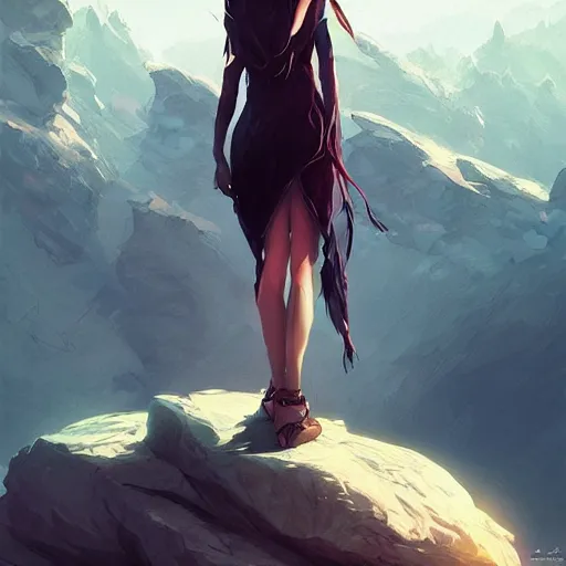 Image similar to woman perched on a rock fantasy digital art by guweiz trending on artstation