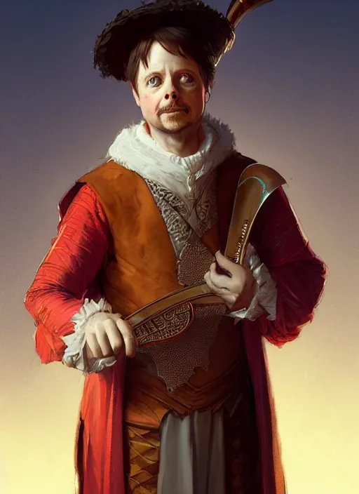 Image similar to illustration of michael j fox as a bard dressed in renaissance clothing with a goatee, by greg rutkowski artstation