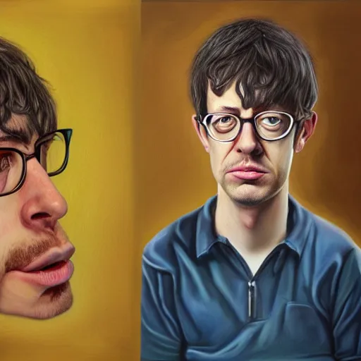 Image similar to Caricature portraits done of a young Graham Coxon, realistic, hyperrealistic, very realistic, highly detailed, very detailed, extremely detailed, detailed, oil painting, digital art, trending on artstation