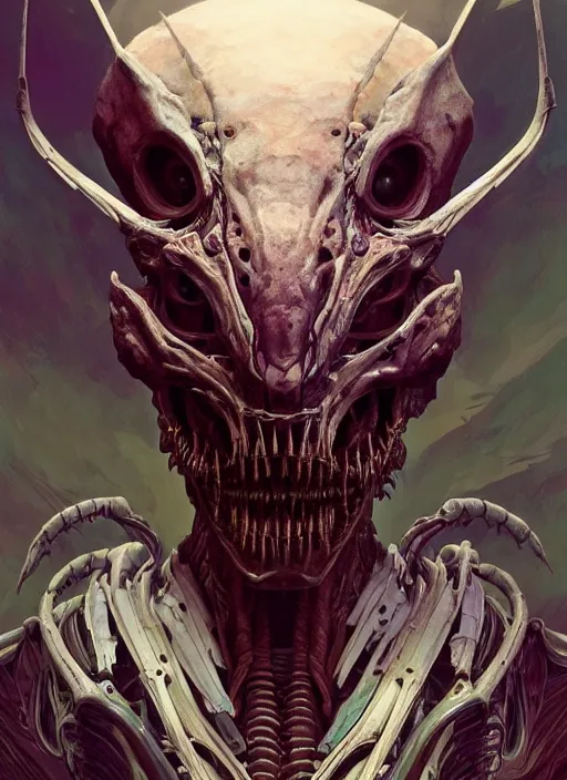 Image similar to asymmetrical!! portrait of an alien with bones and guts forming its face, machine face, intricate, elegant, highly detailed, digital painting, artstation, concept art, smooth, sharp focus, illustration, art by artgerm and greg rutkowski and alphonse mucha, horizon zero dawn 8 k, tim burton