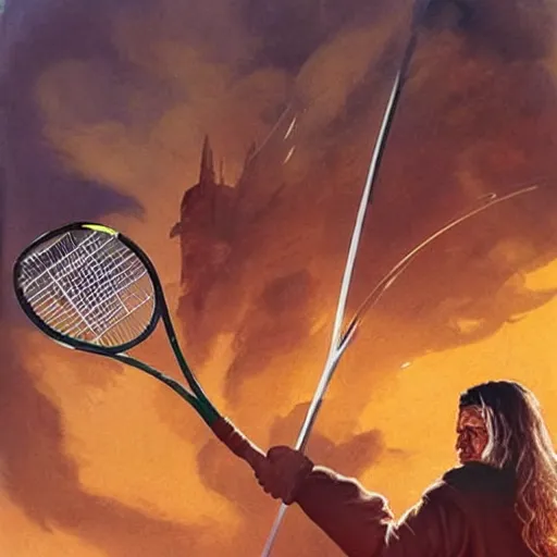 Image similar to Gandalf playing tennis with Sauron in front of Mount Doom.