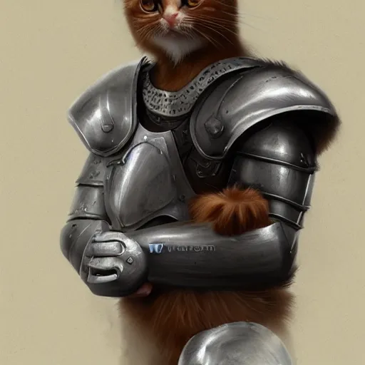 Prompt: cute ginger cat wearing medieval suit of armor, illustration, concept art, art by wlop, dark, moody, dramatic