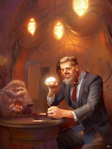 Prompt: a handsome humble middle aged man talking in a party. intricate, elegant, highly detailed, digital painting, artstation, concept art, sharp focus, illustration, by justin gerard and artgerm, 8 k