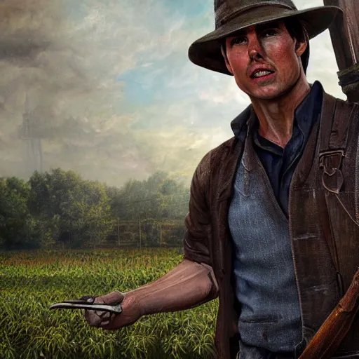 Image similar to Tom Cruise as a farmer, high resolution fantasy concept art, realistic, intricate details, soft lighting