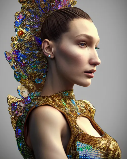 Image similar to a highly detailed metahuman 8 k close up render of bella hadid as alice in wonderland renaissance in iris van herpen dress schiaparelli in diamonds crystals swarovski and jewelry iridescent in style of alphonse mucha gustav klimt trending on artstation made in unreal engine 4