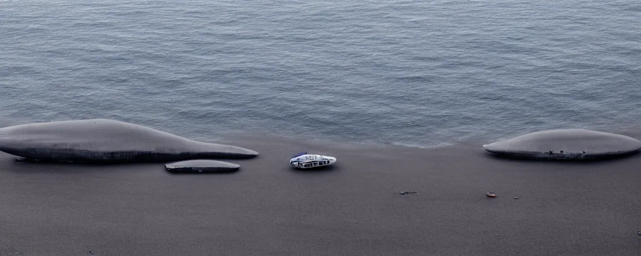 Image similar to cinematic shot of giant symmetrical futuristic military spacecraft in the middle of an endless black sand beach in iceland with icebergs in the distance,, 2 8 mm