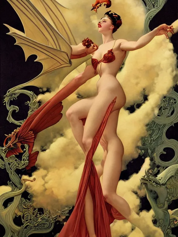 Image similar to Dragon goddess takes flight, a beautiful art nouveau portrait by Gil elvgren and Gerald brom, centered composition, defined features, golden ratio