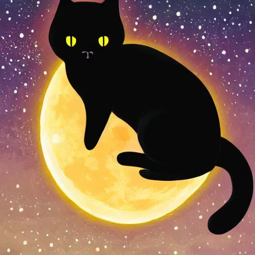 Image similar to black cat with glowing eyes looking up at the moon in a very dark open field at midnight with fireflies in the air and lots of stars in the sky, digital painting, highly detailed, magical, beautiful