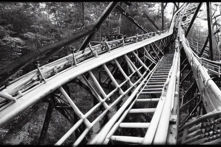 Prompt: a 1 9 6 6 pontiac gto driving on shivering timbers rollercoaster, first - person perspective, fujifilm quicksnap 4 0 0 photography