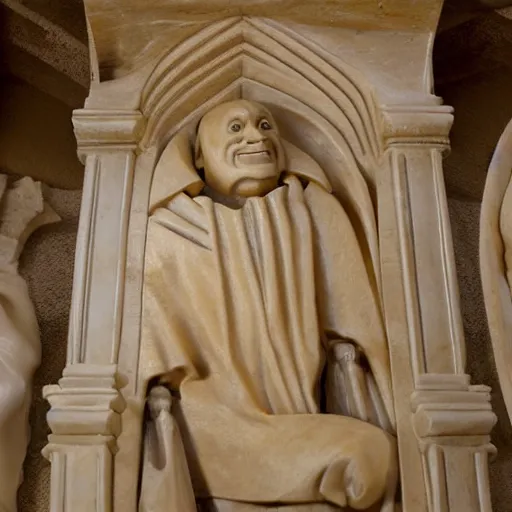 Prompt: top down view the sarcophagus of the medieval king danny devito, carved in alabaster, church interior, hd