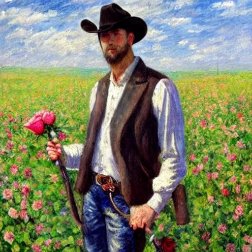 Image similar to an impressionist painting of a tall man with blue eyes that is wearing a cowboy hat and a leather vest. He is holding a revolver in his left hand and a rose is in his right hand. He is standing in a field of roses.