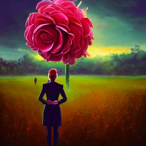 Image similar to giant rose flower head, frontal, girl in a suit, surreal photography, sunrise, dramatic light, impressionist painting, digital painting, artstation, simon stalenhag