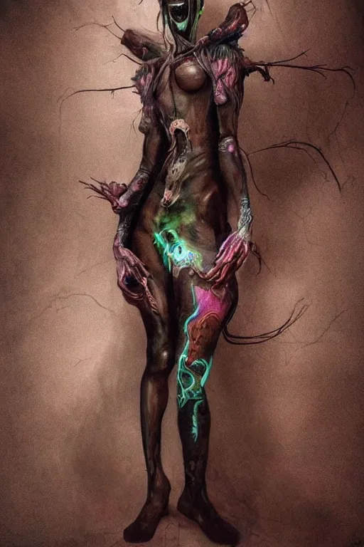 Image similar to dark full body painting of tracer from overwatch, in style of zdzisław beksinski, scary, horror, 4 k, feminine facial features, overwatch tracer character, horror, body horror, disturbing, detailed face, dressed in dark garment, black tendrils, tall, long legs,