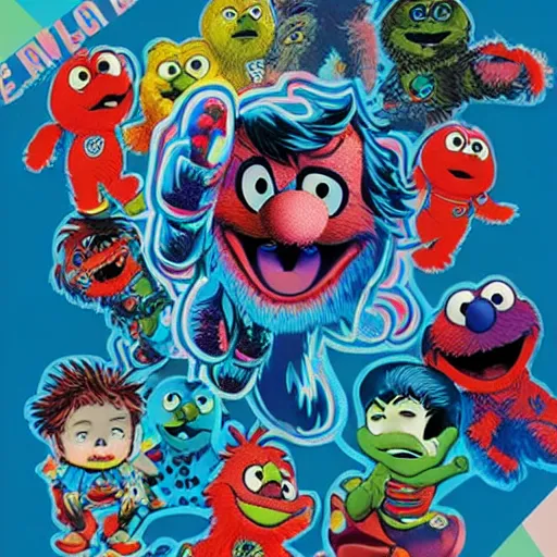 Prompt: holographic sticker of elmo in a gang by ilya kuvshinov katsuhiro otomo