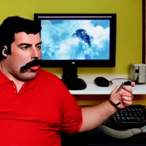 Image similar to obese Freddie Mercury wearing a headset yelling at his monitor while playing WoW highly detailed wide angle lens 10:9 aspect ration award winning photography by David Lynch esoteric erasure head