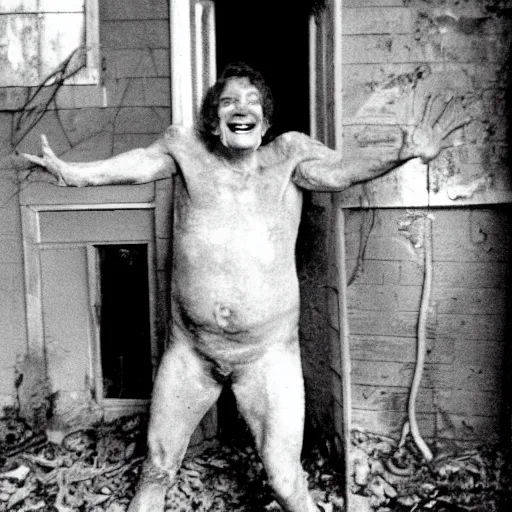 Image similar to 1 9 8 3, found footage, old abandoned house, creepy mutant flesh creature, flesh blob, smiling