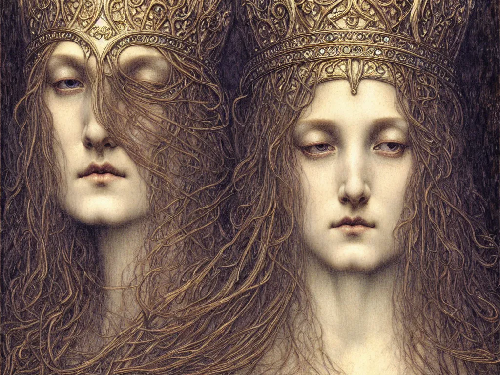 Image similar to detailed realistic beautiful young medieval queen face portrait by jean delville, gustave dore and marco mazzoni, art nouveau, symbolist, visionary, gothic, pre - raphaelite. horizontal symmetry