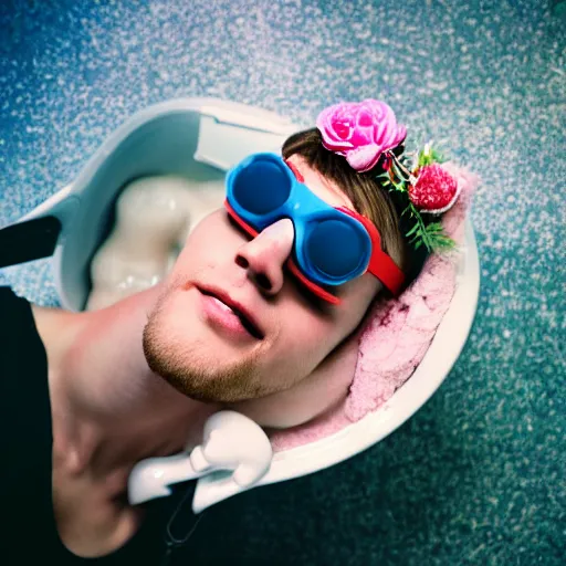 Image similar to close up kodak portra 4 0 0 portrait photograph of a skinny guy with blonde hair laying in a tub of milk, aerial view, wearing cyber goggles, flower crown, moody lighting, telephoto, 9 0 s vibe, blurry background, vaporwave colors, faded!,