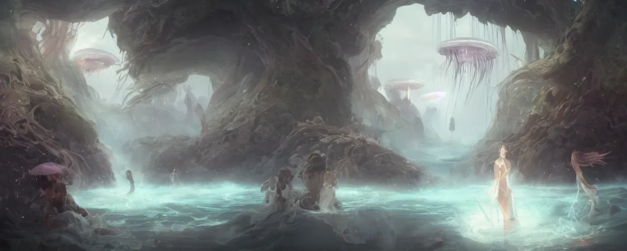 Prompt: A painting of priestesses worshipping at the jellyfish temple, shrouded in mist, jellyfish god, 8K, illustration, by ilya kuvshinov and Wojtek Fus and Justin Cheung and ArtGerm and Stéphane Roux, smoke, cinematic, insanely detailed and intricate, hypermaximalist, elegant, super detailed, award-winning, chartreuse and orange and cyan, mysterious, ancient, ritual, ethereal, trending in cgsociety, artstation HQ, ornate, elite, haunting, matte painting, beautiful detailed, insanely intricate details, artstation trending