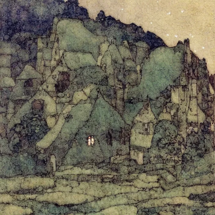 Prompt: a building in a landscape, by edmund dulac