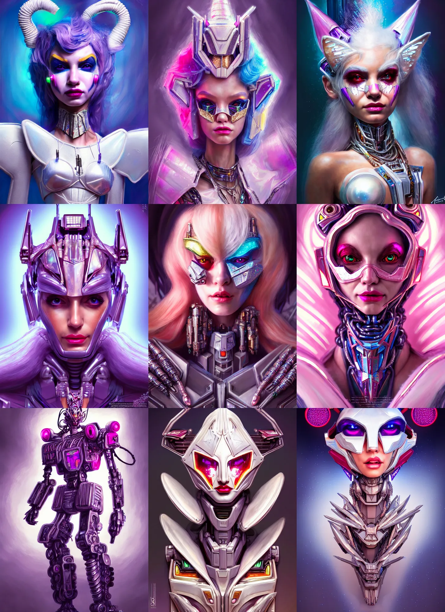 Prompt: transformers : : disney weta portrait, soft lustrous biotech raver white clowncore cyborg, bling, hi - fructose, sci - fi fantasy cyberpunk intricate decadent highly - detailed digital painting, ever after high, octane render, artstation, concept art, smooth, sharp focus, illustration, artgerm, mucha, loish, wlop