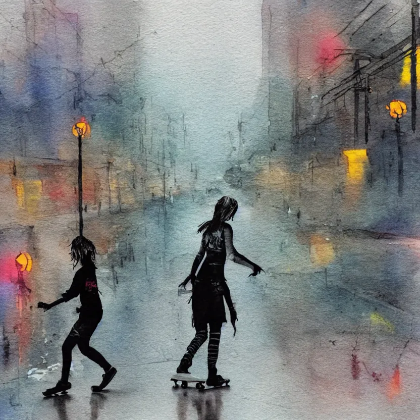 Prompt: punk girl skateboarding in the city, simple watercolor, rough paper texture, backlit cyberpunk buildings, wet roads at night reflecting the lights from buildings, dust, fog, cloudy night sky, dslr, 4 k, fisheye