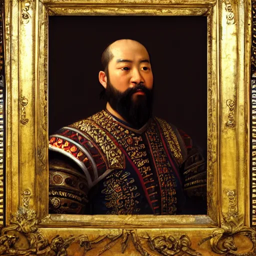 Image similar to Highly detailed and cinematic Renaissance period portrait oil painting Kublai Khan, an oil painting ((masterpiece)) by ((Josep Tapiró Baró)), dynamic lighting, 8K