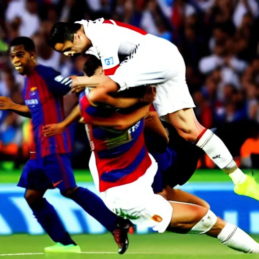 Image similar to Angry Ronaldo choking Messi