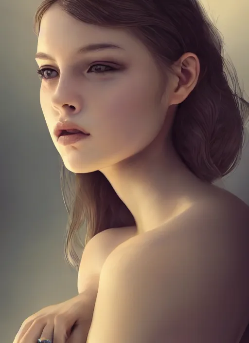 Image similar to a realistic photo portrait of beautiful 👧 with soft 👀 fashion modeling pose, full body, like a professional model, face by WLOP, body by Alex Flores, face symmetry, style of Dan Luvisi, and Charlie Bowater, artstation, rendered, cinematic color grading, muted colors, soft light, rule of thirds, cinematic