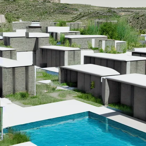 Image similar to architectural rendering of habitat 6 7 in the desert, biophilia mood, pool, garden, highly detailed, cinematic, photorealistic,