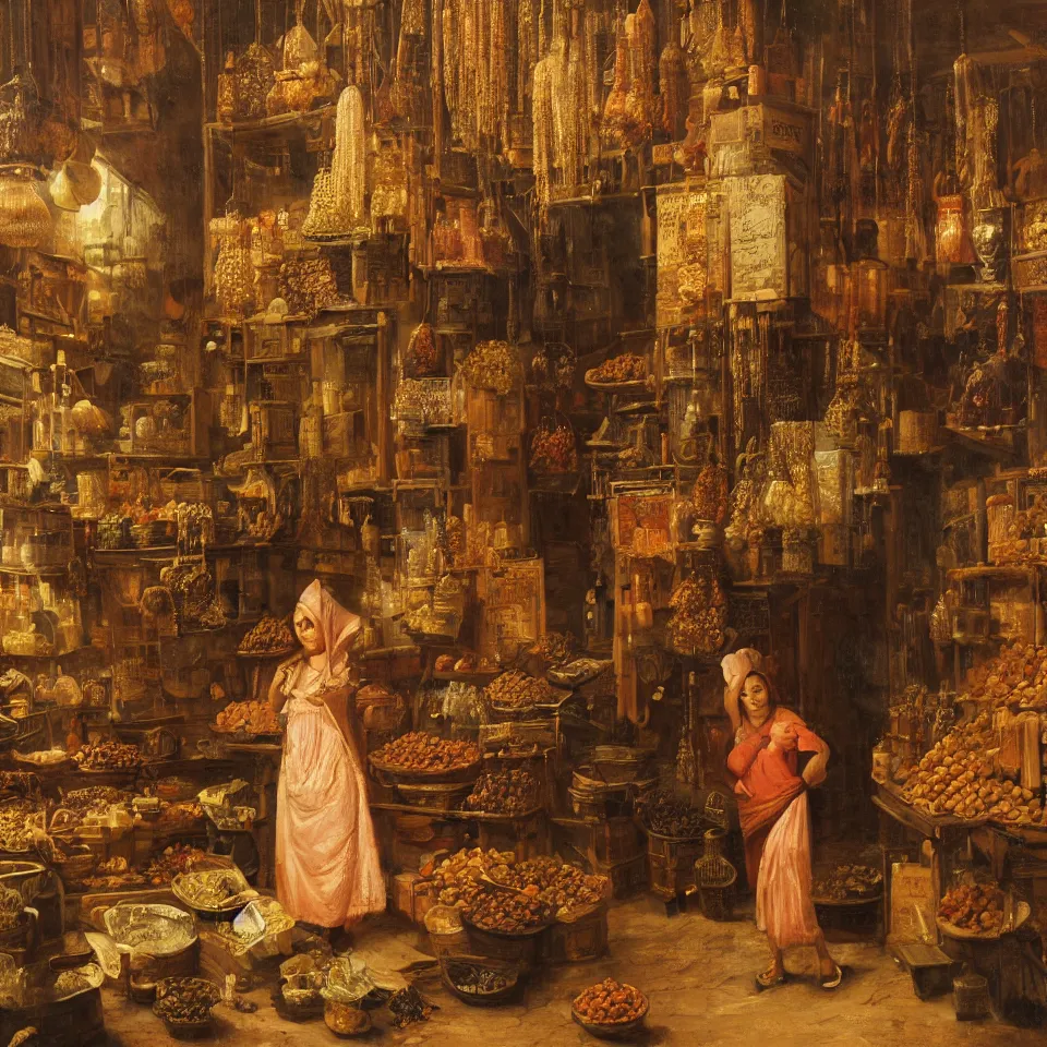 Image similar to young woman standing in a spice market at night byjohann mongels culverhouse, oil on canvas, masterful intricate artwork, excellent lighting, high detail 8 k