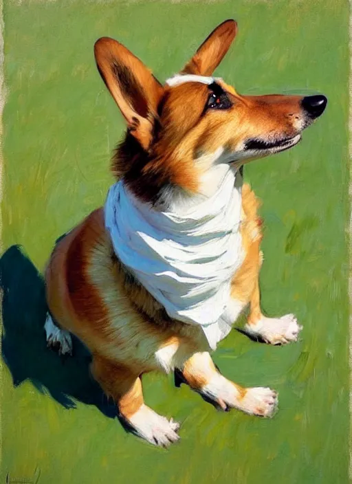 Prompt: Greg Manchess painting of a humanoid Corgi, countryside, calm, fantasy character portrait, dynamic pose, above view, sunny day, artwork by Jeremy Lipkin and Giuseppe Dangelico Pino and Michael Garmash and Rob Rey, very coherent asymmetrical artwork, sharp edges, perfect face, simple form, 100mm