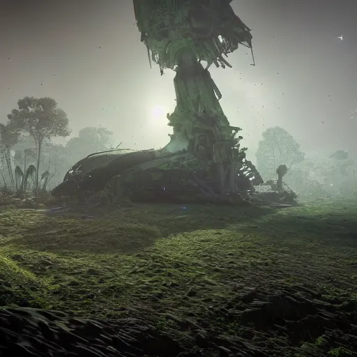 Image similar to the land reclaims a crashed space frigate, alien life, in the style of James Chadderton, ectoplasm, giant creatures roam, natural lighting, low angle camera, unreal engine