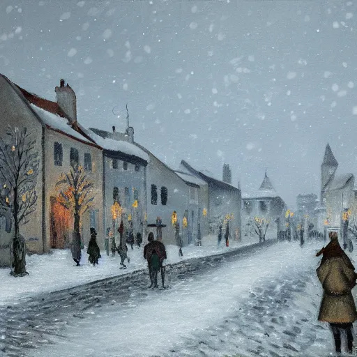 Image similar to A painting of a village during a snow storm, streets, (pedestrians), trees, Camille Pissarro, ((unreal engine)), Christmas tree