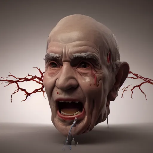 Prompt: 3 d render of charles manson giving birth to ronald reagan, circulatory system and nerves, high definition, blender, perfect symmetry, by peter voss, by michelangelo, by zdzislaw beksinski, octane render, 8 k